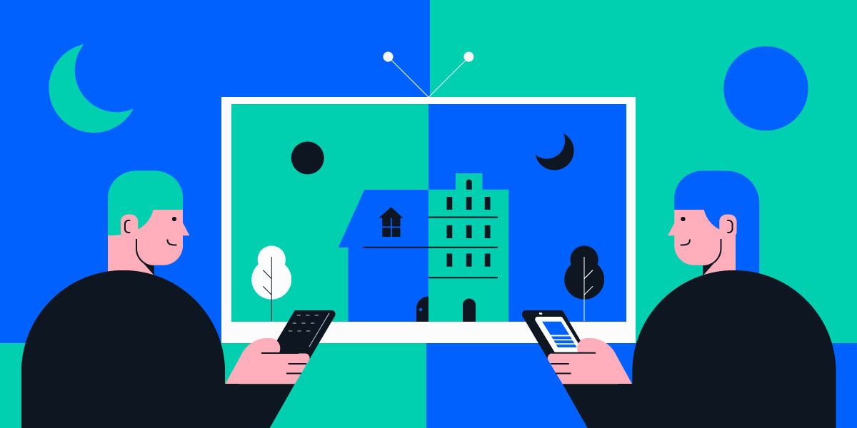 graphic showing two people with remotes in their hands looking at a screen with an ad on it