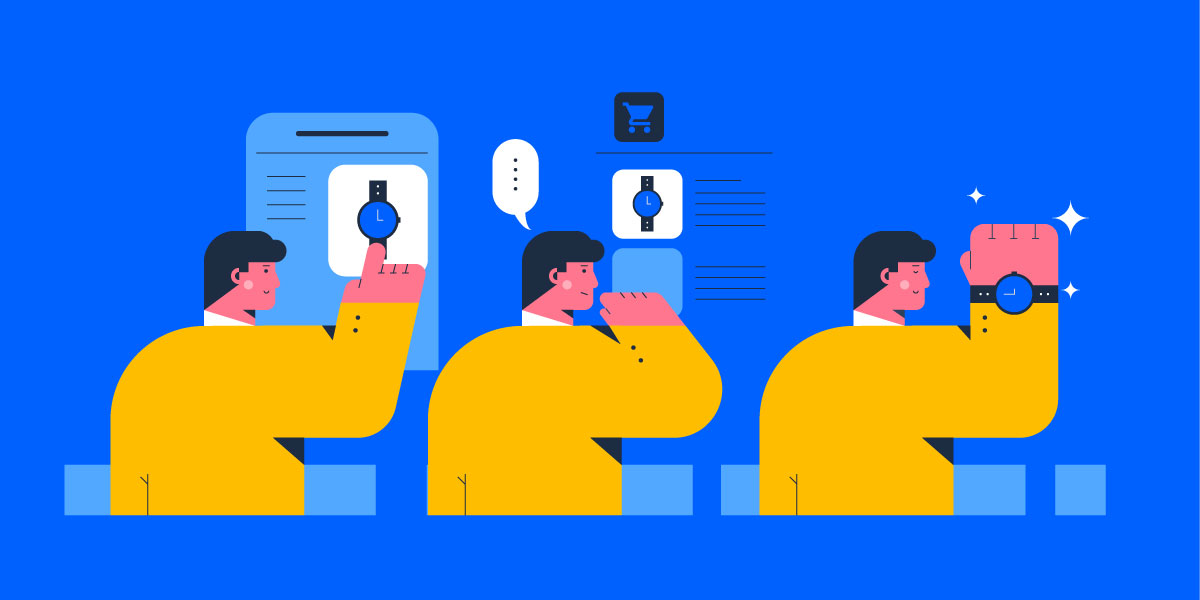 graphic showing a person as they browse a product, think about it, and then purchase it, to illustrate the conversion journey