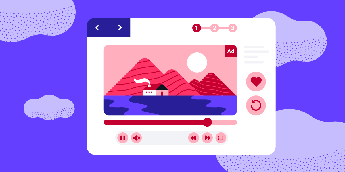 graphic illustration of a display ad showing a mountain and cabin overlayed onto a purple background