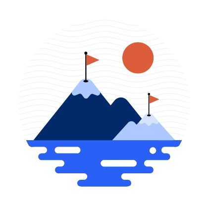 Illustration of two mountains with flags at their peaks and the sun