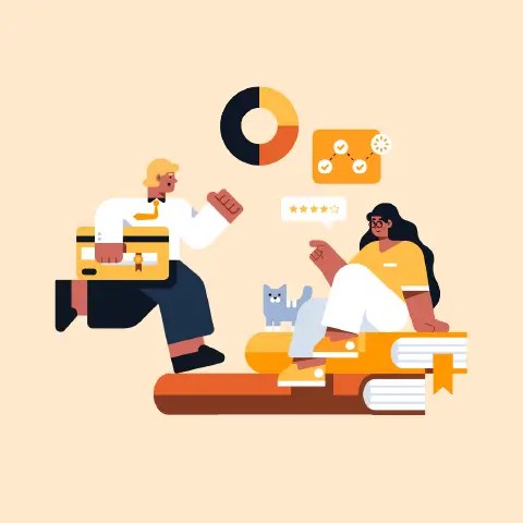 Playful illustration of a man running with an oversized credit card and a woman and a cat sitting on a stack of books