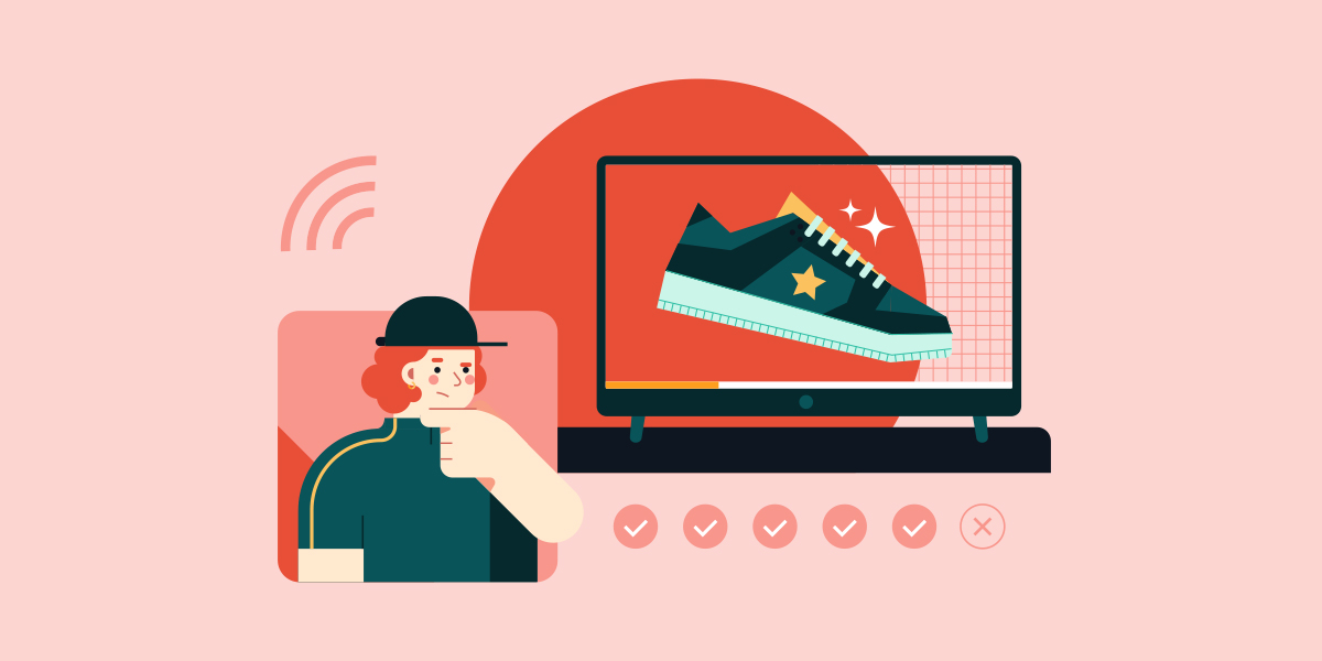 pink background overlayed with graphic of a person thinking as they look at a connected tv ad showing a shoe