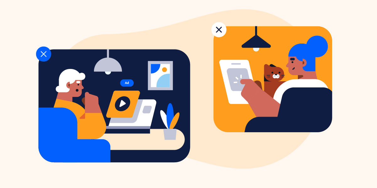 two graphics on a yellow background of figures considerating taking the desired action, a view-through conversion