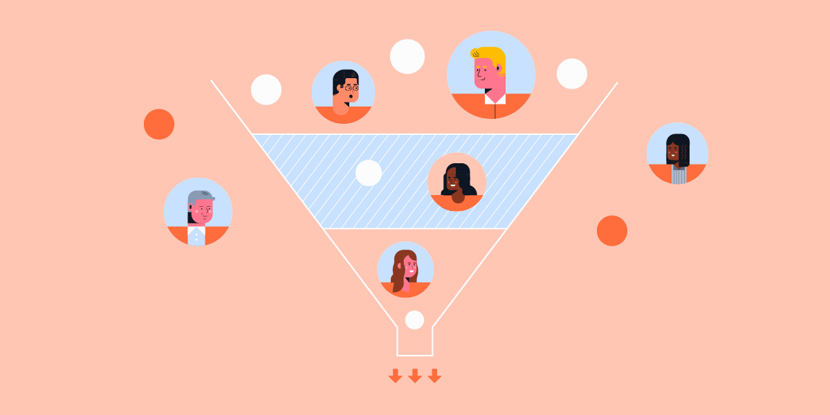 Illustrations of different people all in a funnel to depict full funnel marketing