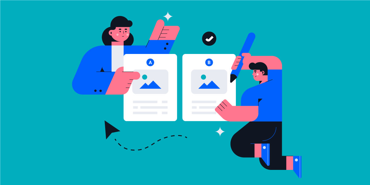 graphic showing two people interacting with two versions of an ad to illustrate A/B testing