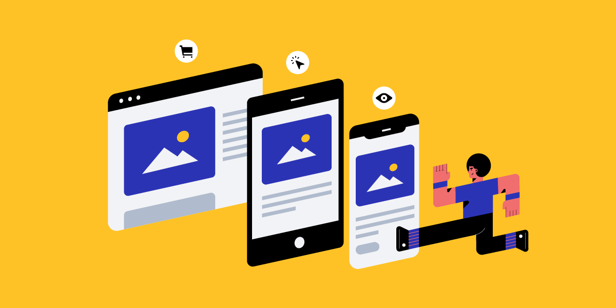 yellow background overlayed with graphics of a figure running toward 3 different screens representing thew marketing funnel