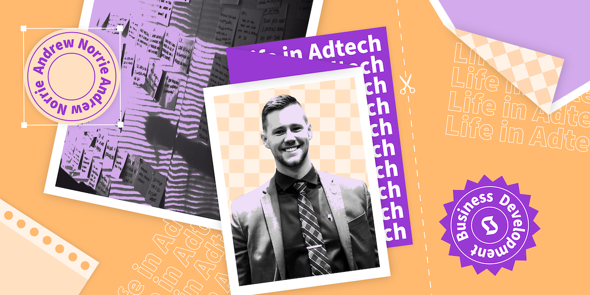 collage style graphic with illustration of a man overlayed on top and text reading Life in Adtech