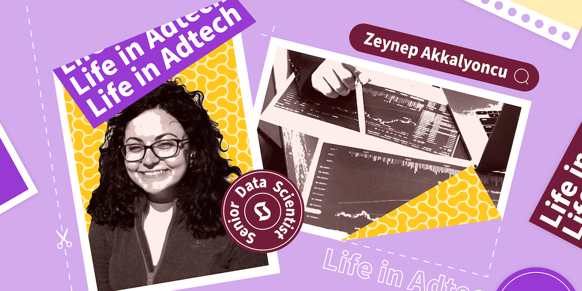 graphic with photo of woman overlayed with text that reads Life in Adtech Senior Data Scientist