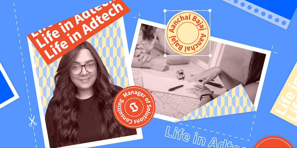 graphic includes image of woman smiling on a blue background with text that reads Life In Adtech, Manager of Solutions Consulting