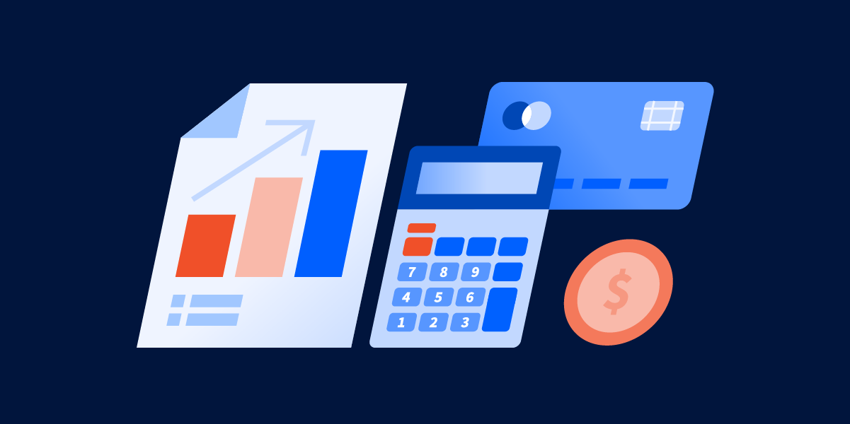 Illustrative graphic of money, calculator, reports, and a payment card